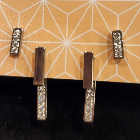 NEW 3 pc silver bar cubic zirconia ear jacket earrings - Picture 2 of 11